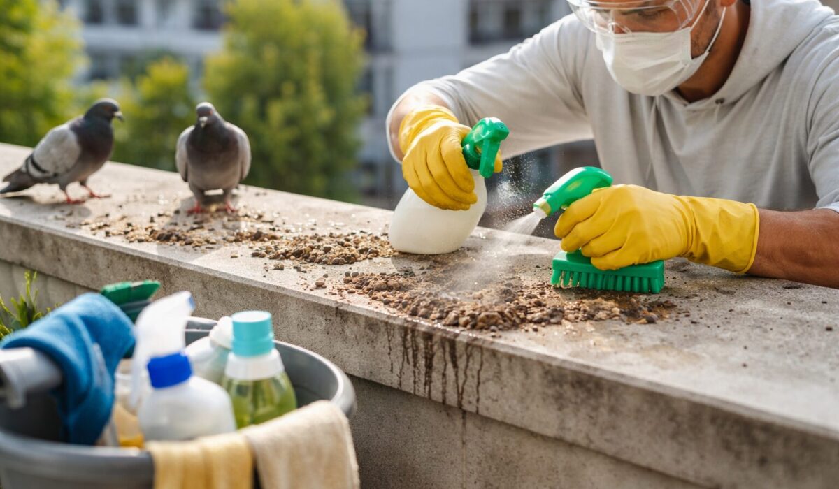 Personne équipée de gants, masque et lunettes nettoyant des fientes de pigeon sur un rebord de balcon en béton avec pulvérisateur et brosse