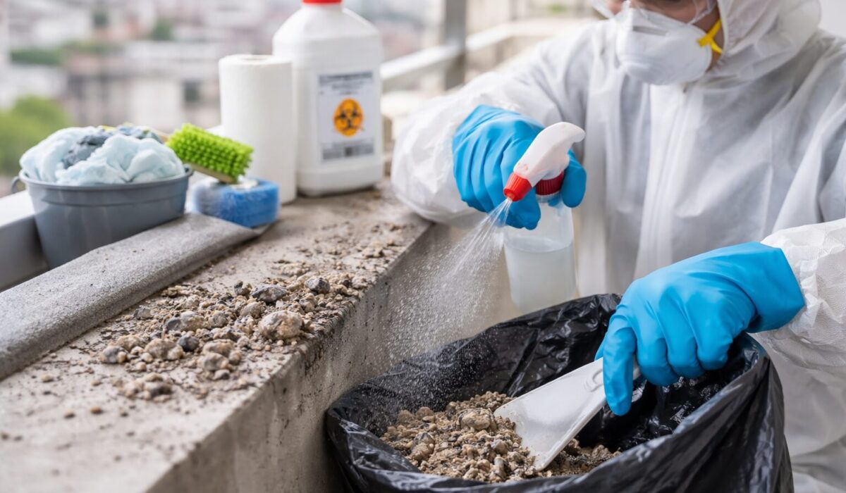 Technicien équipé de protections nettoyant des fientes de pigeon sur un rebord de balcon avec un produit désinfectant
