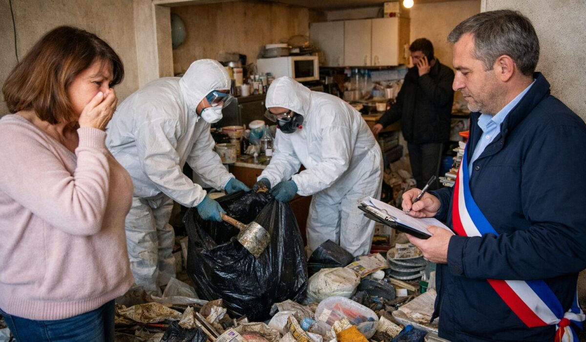 Équipe de nettoyage en combinaison, proche inquiet et représentant de la mairie lors d’une intervention dans un appartement très encombré lié au syndrome de Diogène