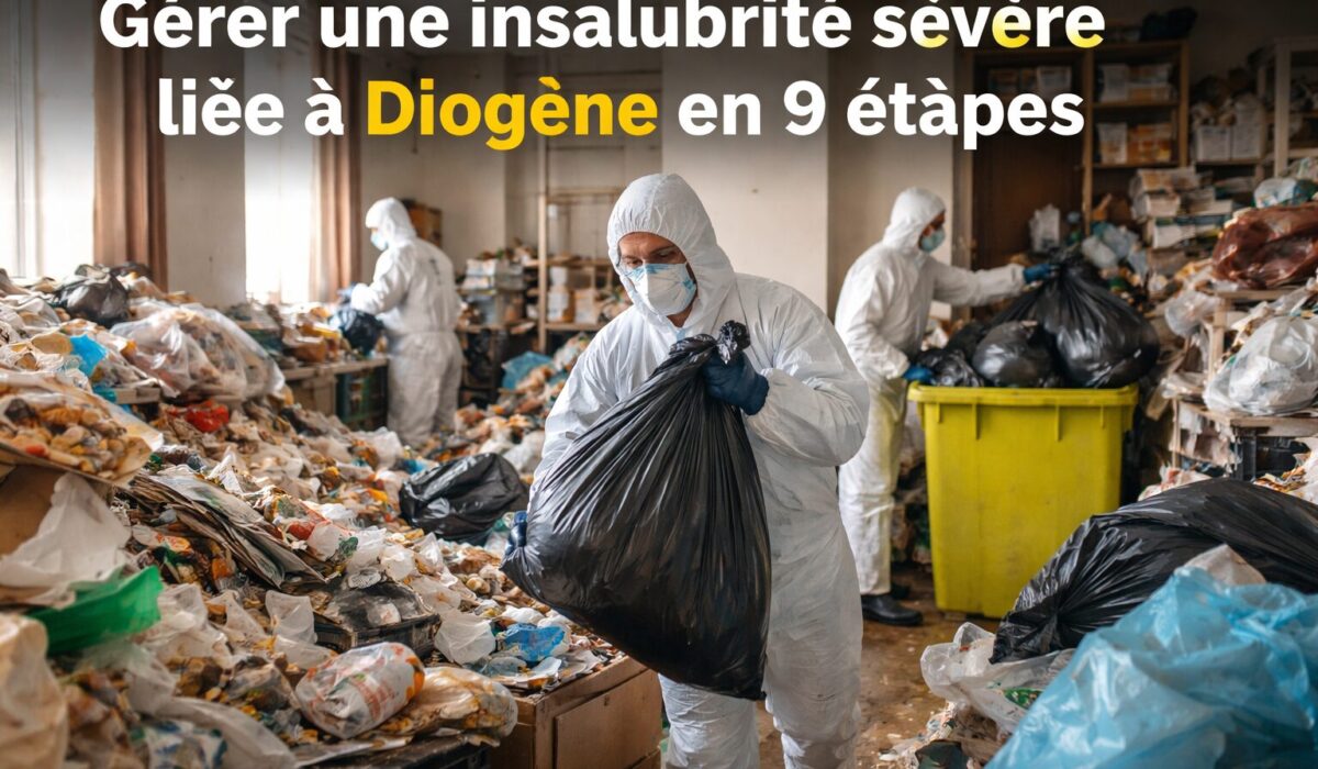 Équipe de nettoyage spécialisée intervenant dans un logement en insalubrité sévère liée au syndrome de Diogène, avec équipements de protection et évacuation de déchets