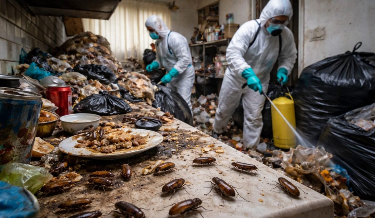 Cuisine insalubre en situation de logement Diogène, avec accumulation de déchets, présence de cafards et intervenants en combinaison effectuant le nettoyage et la désinsectisation.