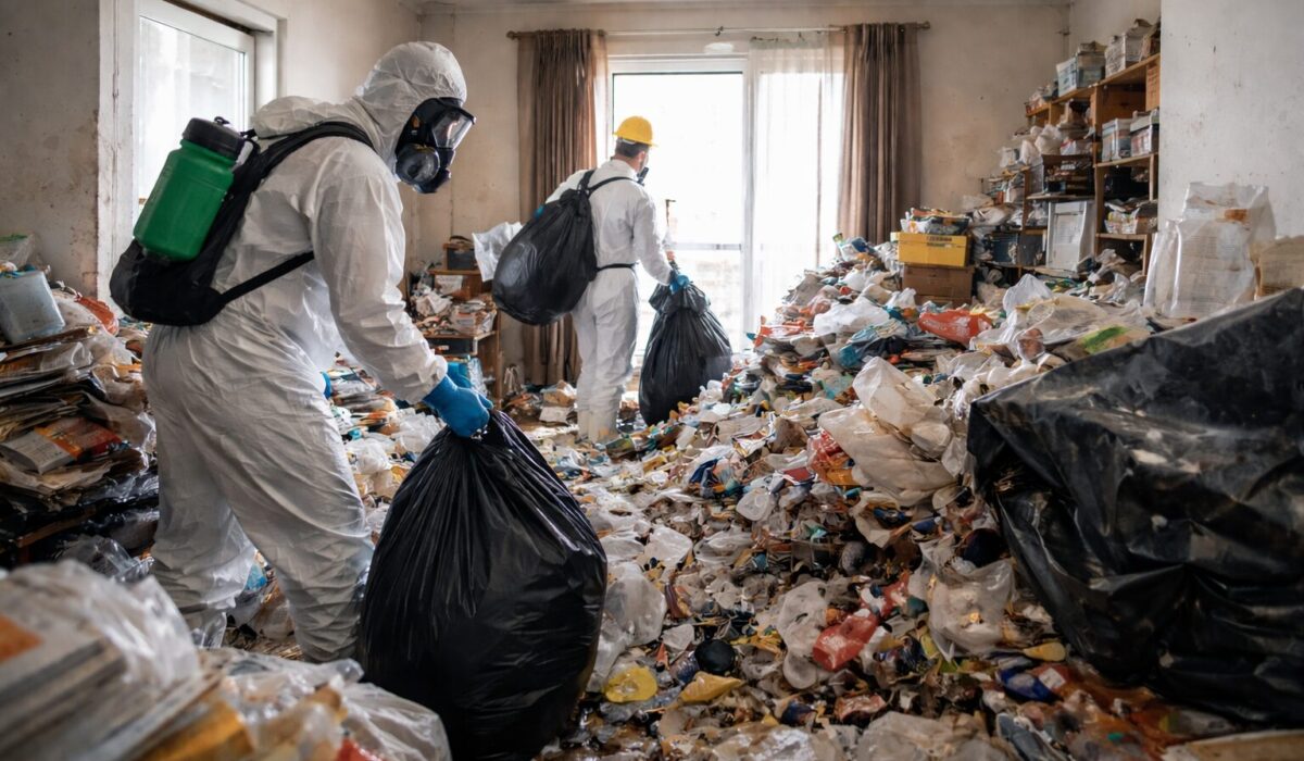 Équipe de nettoyage en combinaison de protection réalisant un débarras extrême et une désinfection dans un appartement très encombré, avec sacs de déchets et pulvérisation de produit.