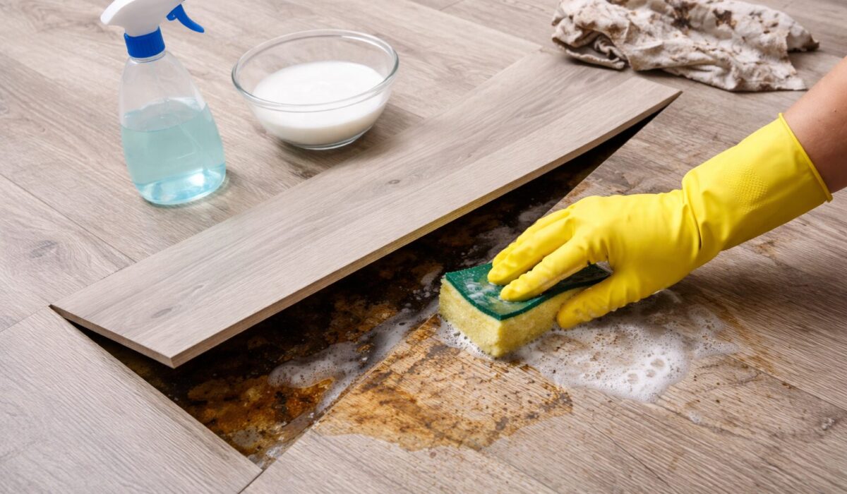 Main avec gant jaune nettoyant la sous-couche visible sous des lames de sol stratifié soulevées, avec tache incrustée et produits de nettoyage à proximité.