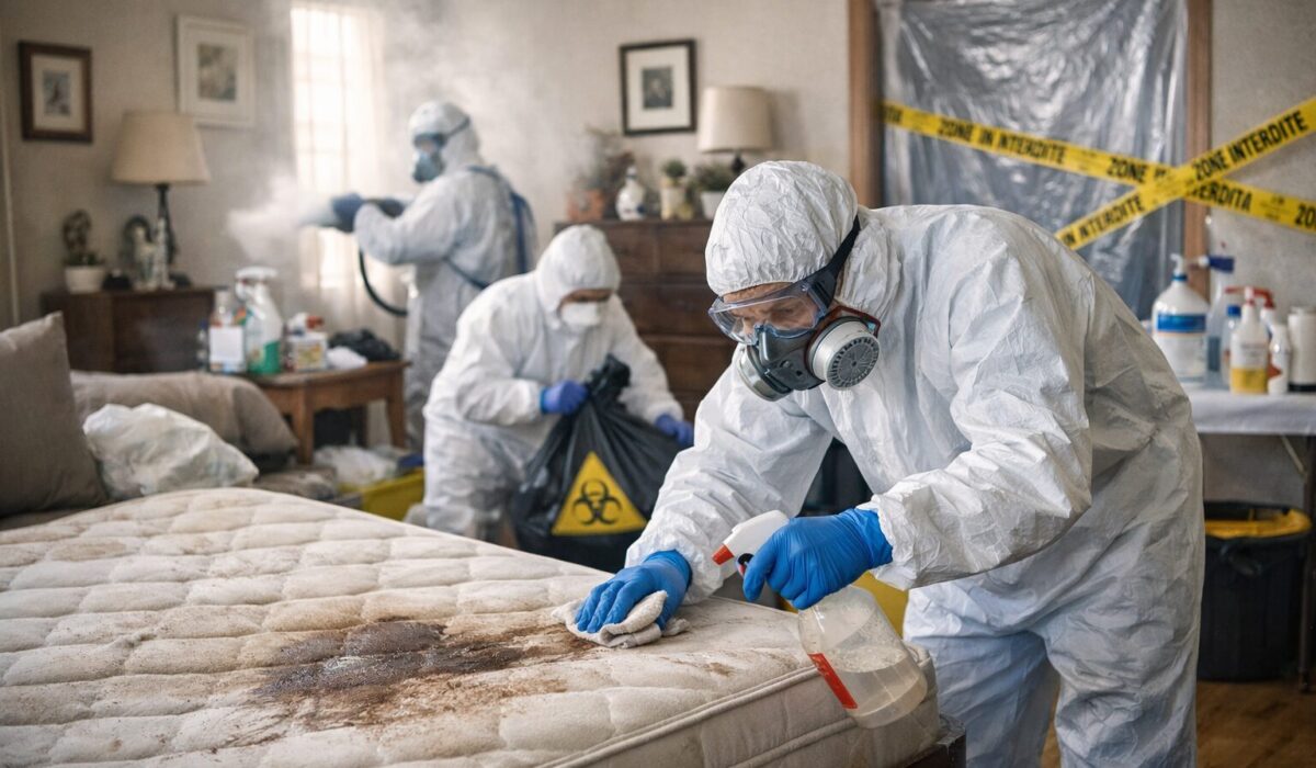 Trois travailleurs en combinaison de protection désinfectent un appartement après un décès naturel, nettoyant un matelas taché et utilisant un appareil de brumisation.
