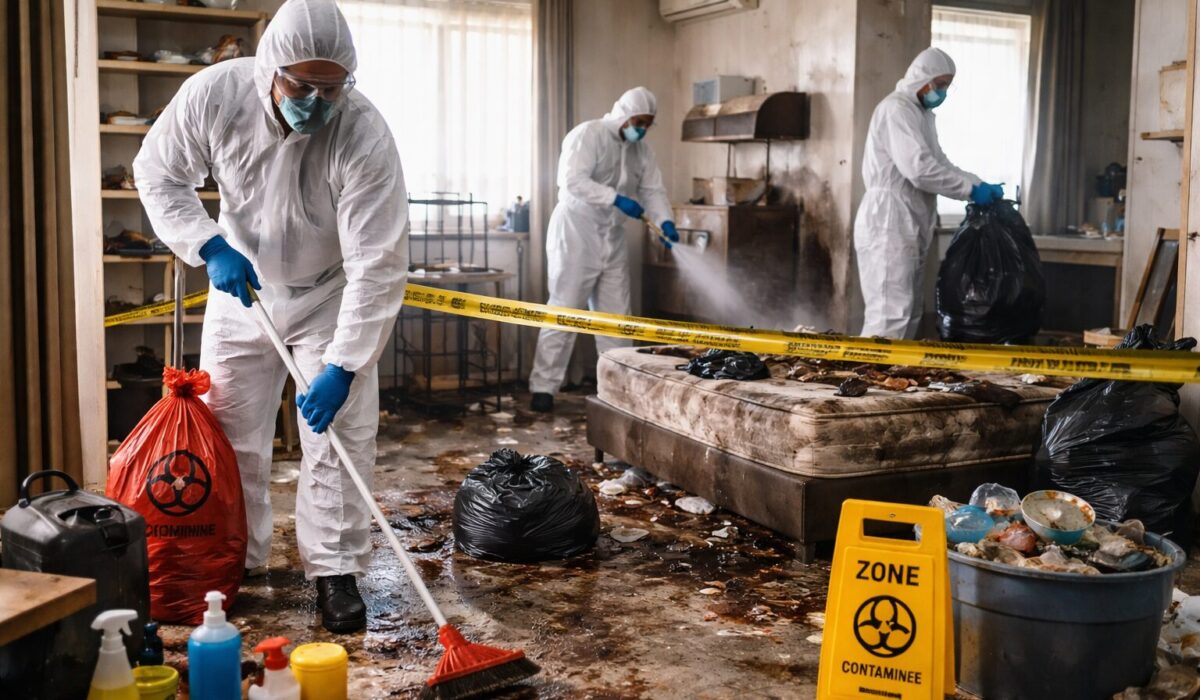 Équipe de professionnels en combinaison de protection réalisant la désinfection et le débarras sanitaire d’un appartement insalubre après un décès