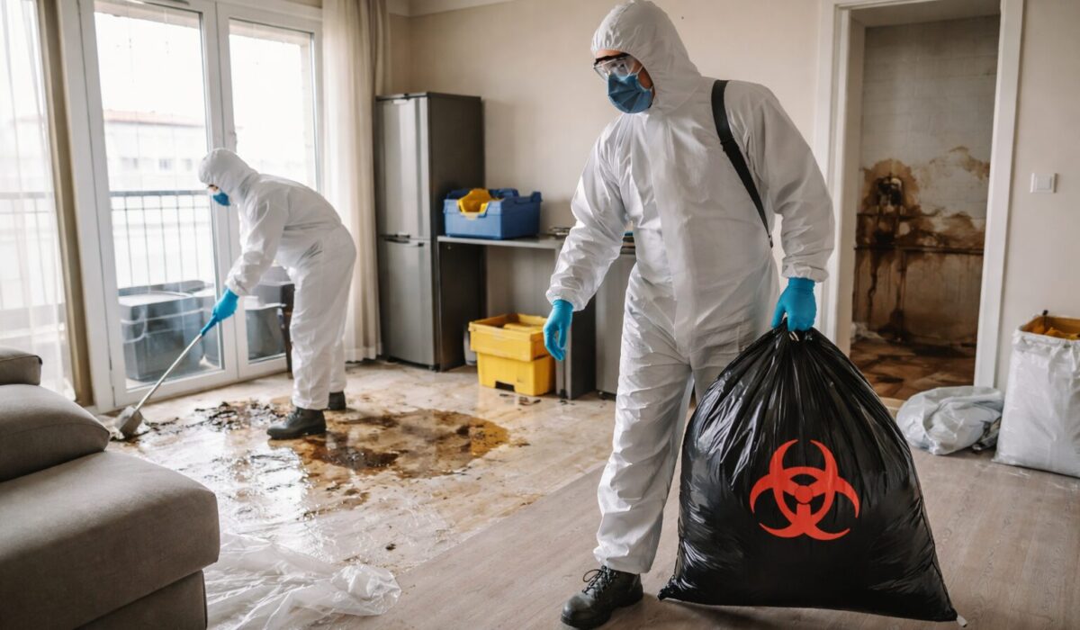 Techniciens en combinaison de protection réalisant une remise en état après décès isolé dans un appartement, avec retrait de déchets contaminés et nettoyage approfondi des sols.