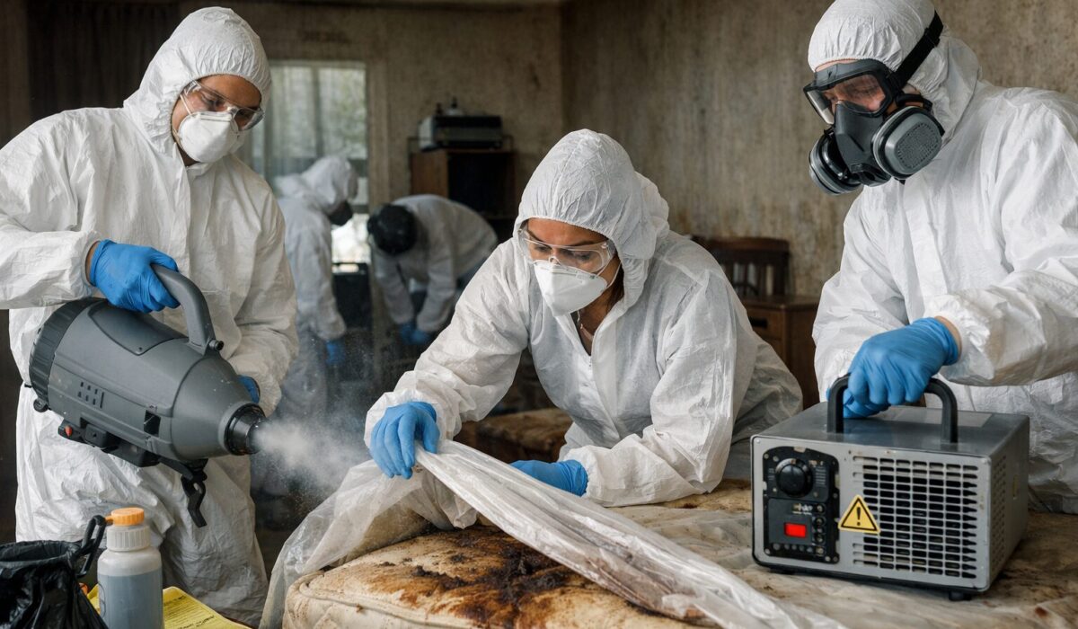 Techniciens en combinaison de protection réalisant une neutralisation des odeurs post mortem avec nébulisation et générateur d’ozone dans une chambre
