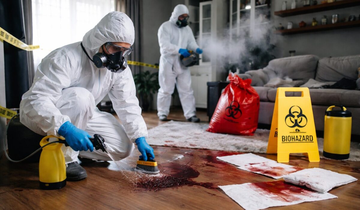 Équipe de nettoyage extrême après décès en combinaison de protection, désinfectant un sol contaminé dans un salon avec signalisation biohazard.