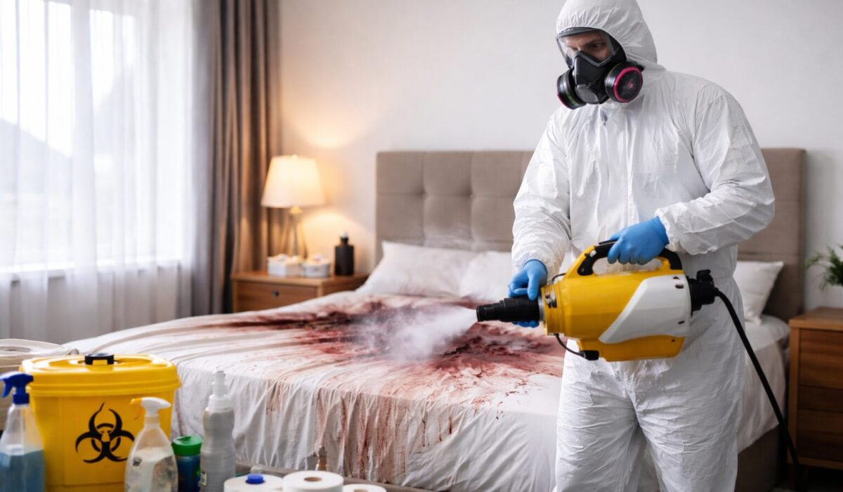 Technicien en combinaison de protection réalisant une désinfection complète d’une chambre après un décès naturel avec matériel professionnel