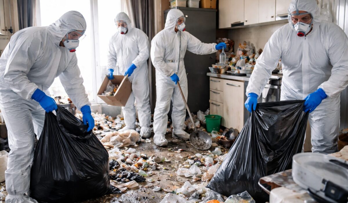 Professionnels en combinaison, masque FFP3, gants et surbottes évacuant des déchets lors d’une intervention Diogène dans une cuisine très encombrée