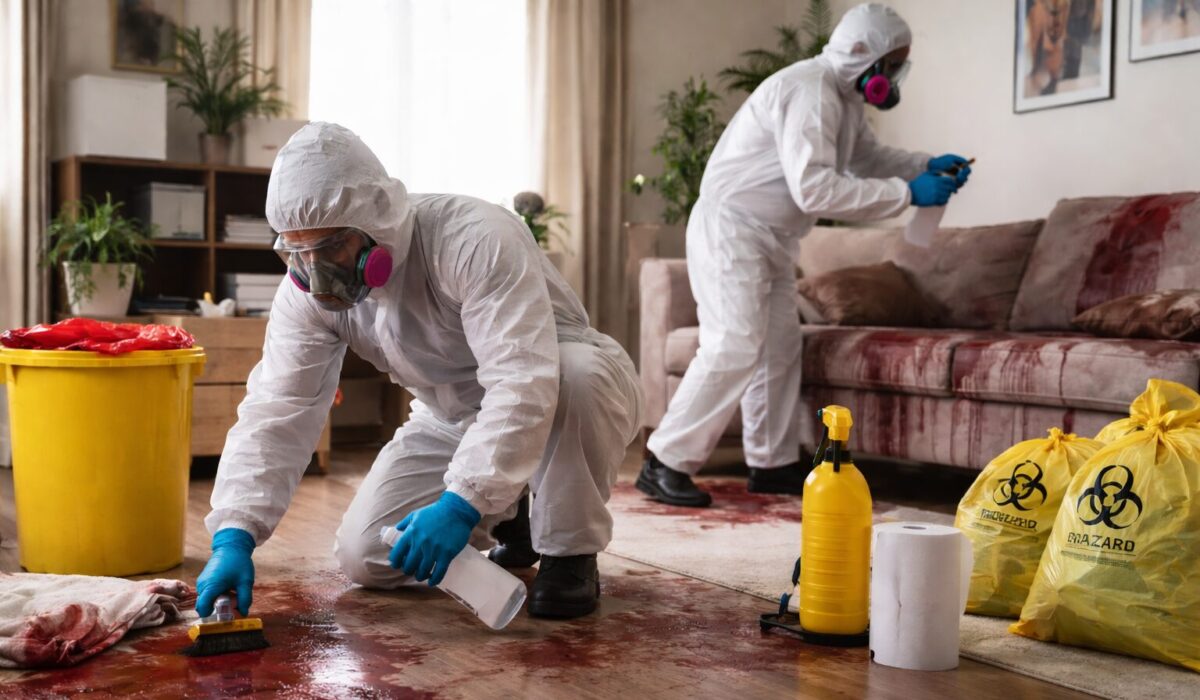 Deux techniciens en combinaison de protection effectuent un nettoyage et une désinfection dans un salon après décès, avec matériel de décontamination et sacs de déchets à risque.