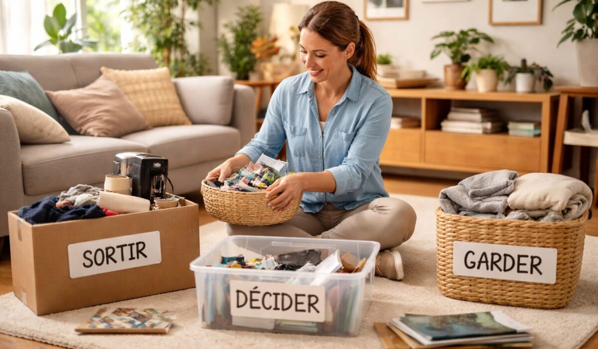 Femme assise sur un tapis dans un salon lumineux, triant des objets dans des paniers et bacs étiquetés Sortir, Décider et Garder.