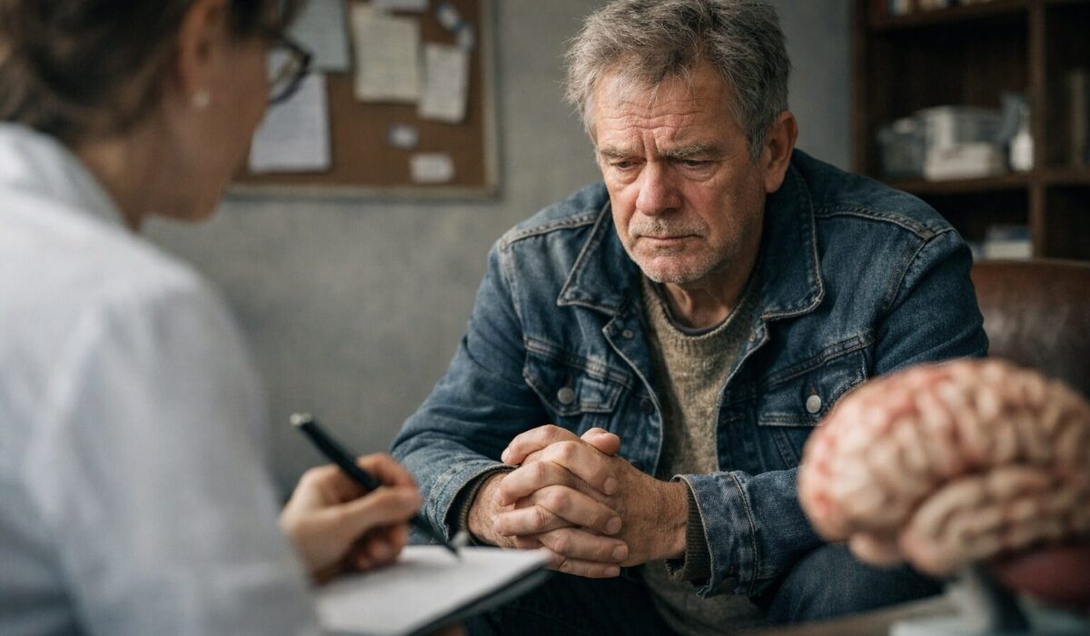 Patient atteint du syndrome de Korsakoff en consultation, illustrant les troubles neurocognitifs responsables de promesses répétées non tenues