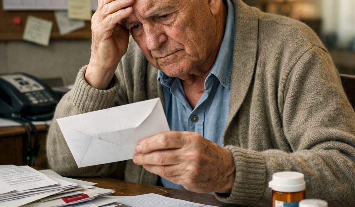 Personne âgée assise à une table avec du courrier, des factures, un calendrier et des médicaments, illustrant les difficultés liées à l’évolution d’une maladie cognitive.