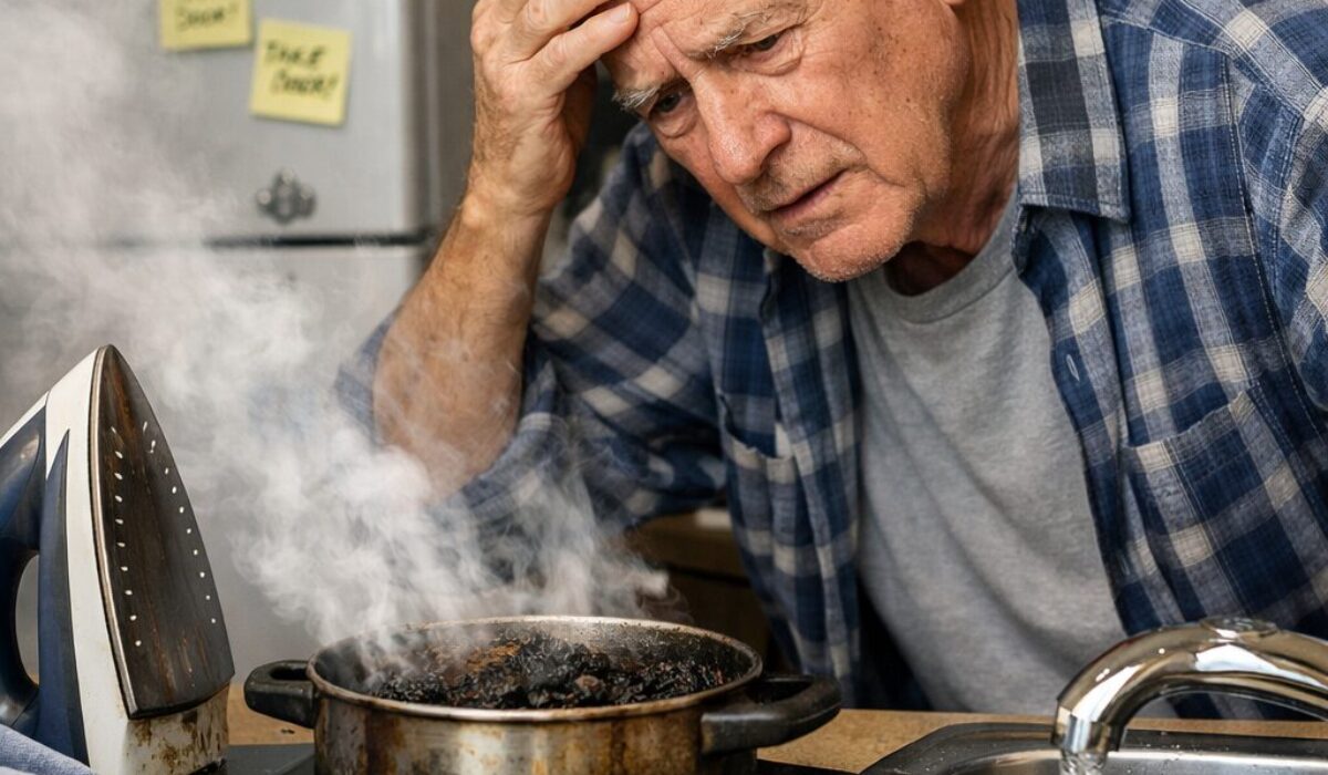 Patient âgé dans une cuisine, visiblement désorienté, face à une casserole brûlée et à des pense-bêtes de rappel, illustrant la répétition d’erreurs domestiques malgré les aides-mémoires.