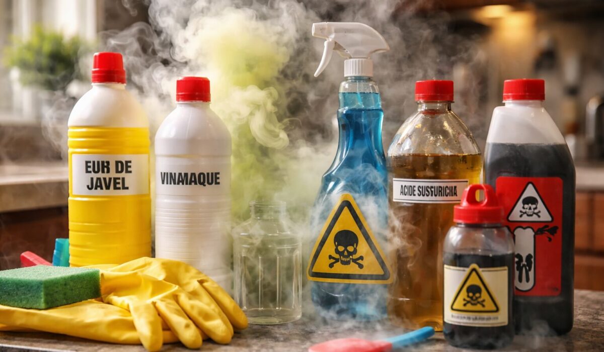 Bouteilles de produits ménagers (eau de Javel, vinaigre, nettoyant) posées sur un plan de travail, avec pictogrammes de danger et vapeurs visibles illustrant le risque toxique lors de mélanges.