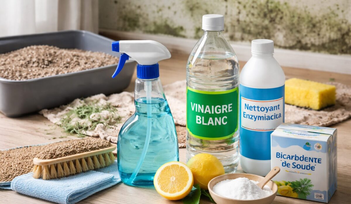 Produits de nettoyage sur un sol en bois (spray, vinaigre blanc, nettoyant enzymatique, bicarbonate et citron) avec une litière et un mur présentant des traces de moisissures en arrière-plan.