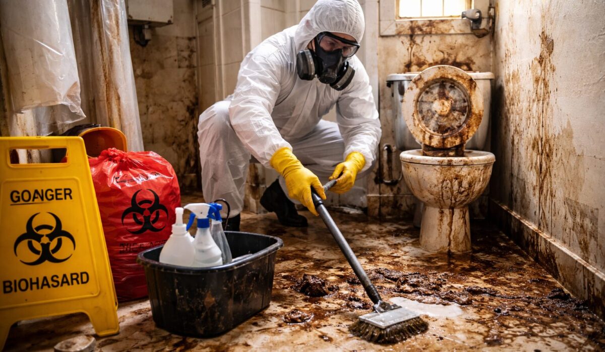 Professionnel en combinaison de protection nettoyant un sol très souillé dans une salle de bain insalubre, avec matériel de désinfection et signalisation de risque biologique