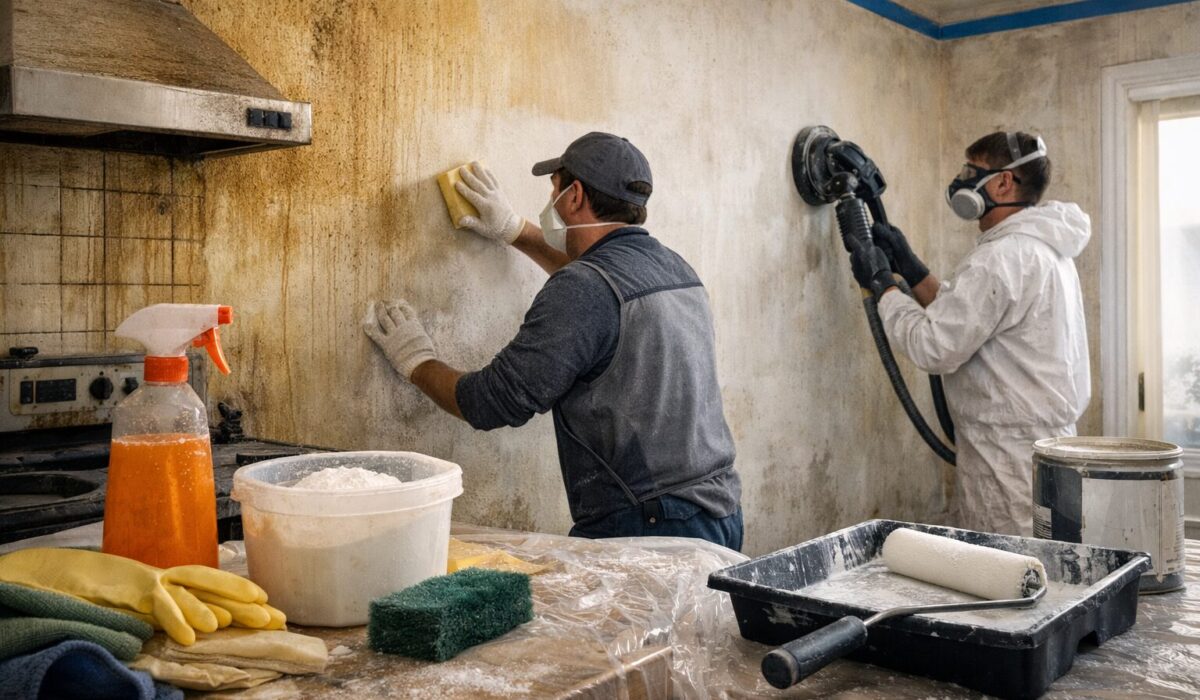 Nettoyage et préparation de murs gras jaunis par la nicotine et la cuisine avant peinture et remise en location