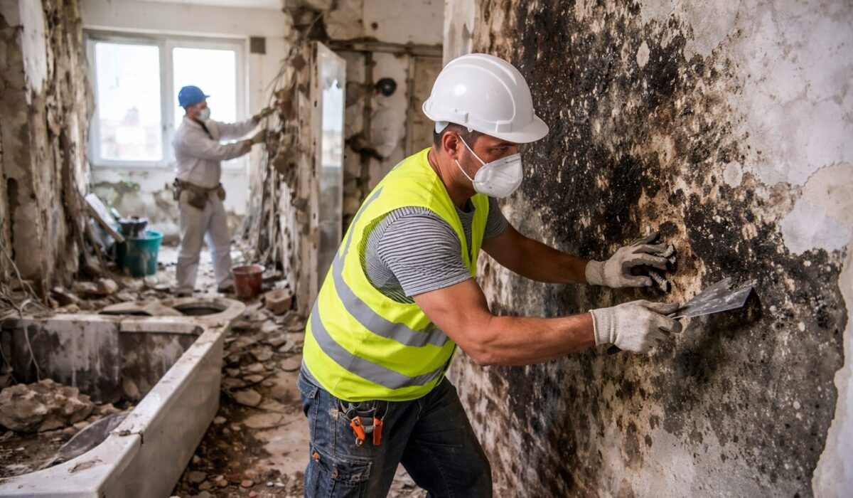 Ouvrier équipé d’un casque et d’un masque retirant des moisissures sur un mur dans un appartement en chantier, avec gravats et cloisons déposées en arrière-plan.