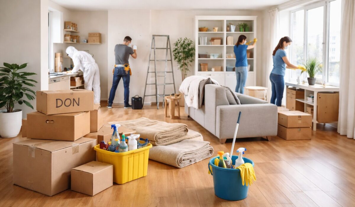 Un salon spacieux en pleine rénovation, avec des travailleurs s'occupant de la réparation des murs, du nettoyage des étagères et du rangement des objets, tout en utilisant des outils de nettoyage et de déménagement.