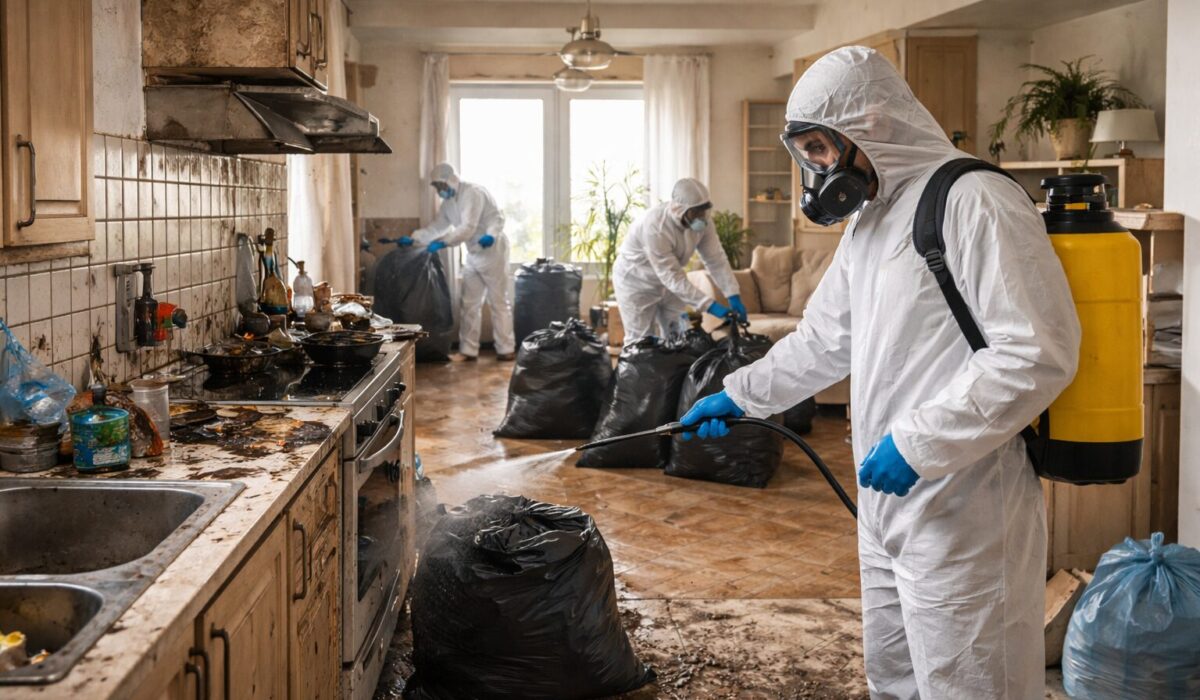 Équipe en combinaison de protection réalisant un nettoyage extrême et une désinfection dans une cuisine et un salon encombrés, avec sacs de déchets et pulvérisateur.