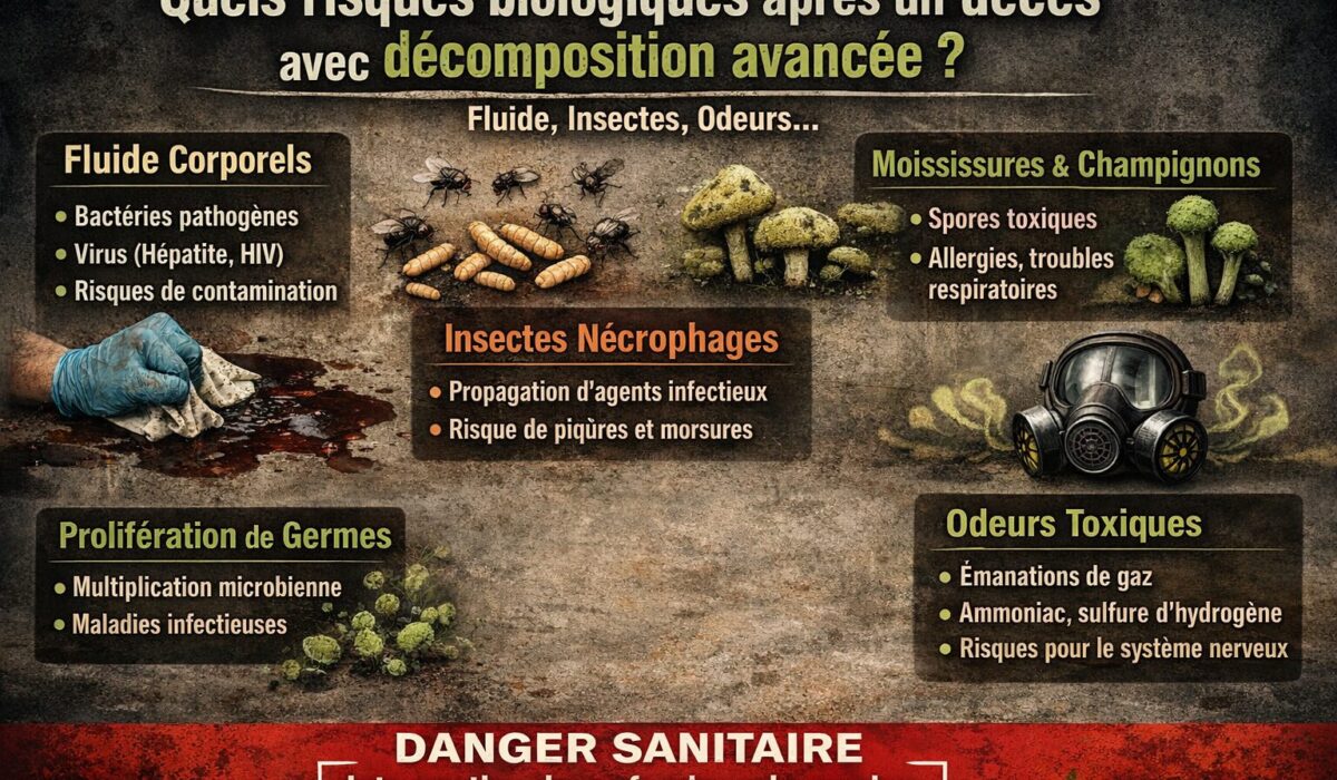 Infographie horizontale sur les risques biologiques après un décès avec décomposition avancée : fluides corporels, insectes nécrophages, moisissures, prolifération de germes et odeurs toxiques.