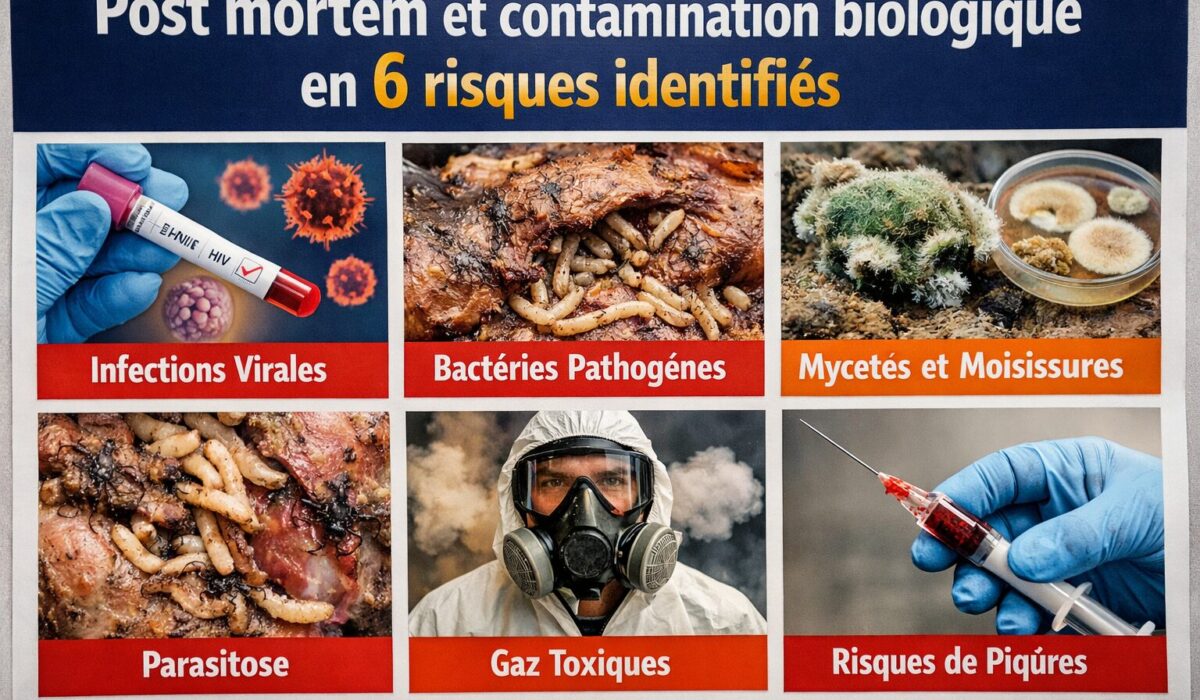 Affiche pédagogique en français présentant « Post mortem et contamination biologique en 6 risques identifiés » avec six vignettes illustrées : infections virales, bactéries pathogènes, mycètes et moisissures, parasitose, gaz toxiques et risques de piqûres.