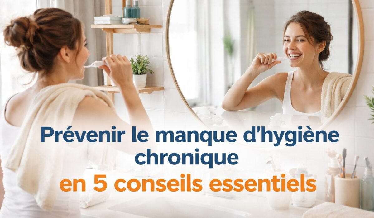 Femme se brossant les dents dans une salle de bain lumineuse, illustrant la prévention du manque d’hygiène chronique avec 5 conseils essentiels