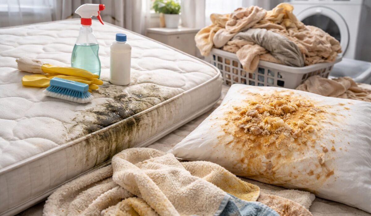 Scène réaliste montrant un matelas taché, un oreiller souillé et du linge sale près d’une machine à laver avec des produits de nettoyage.