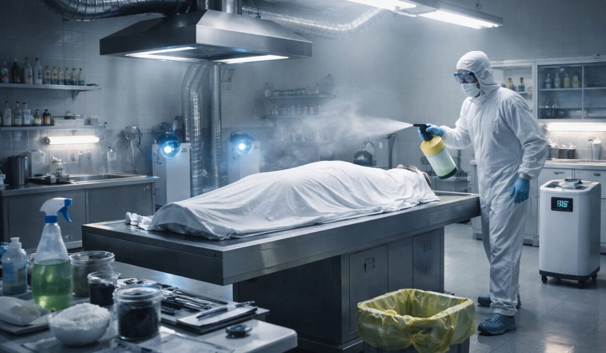 Un technicien médico-légal désinfecte une morgue avec un corps sur une table d'autopsie dans un environnement stérile et clinique.