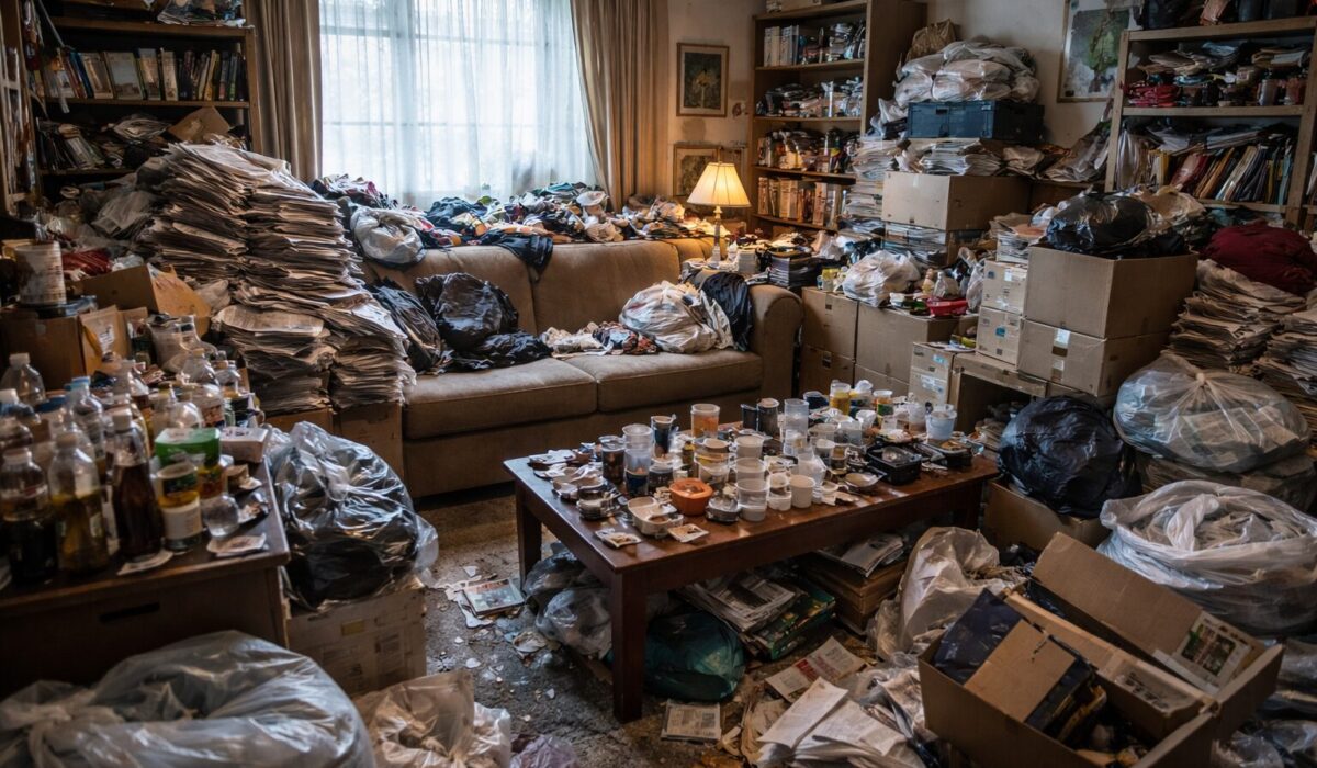 Un salon encombré, rempli de piles de journaux, de vêtements abandonnés et de cartons, illustrant les effets de la syllogomanie.