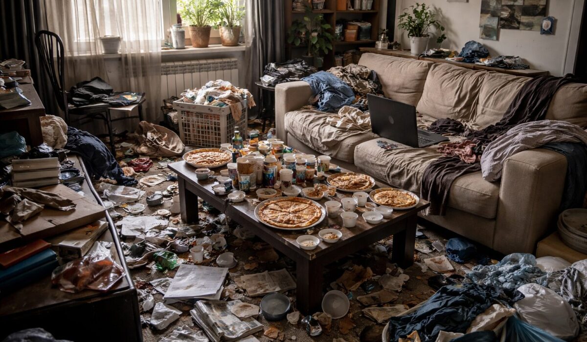 Salon encombré montrant un logement devenu le prolongement d’une désorganisation cognitive avec objets dispersés, tâches inachevées et perte de repères domestiques