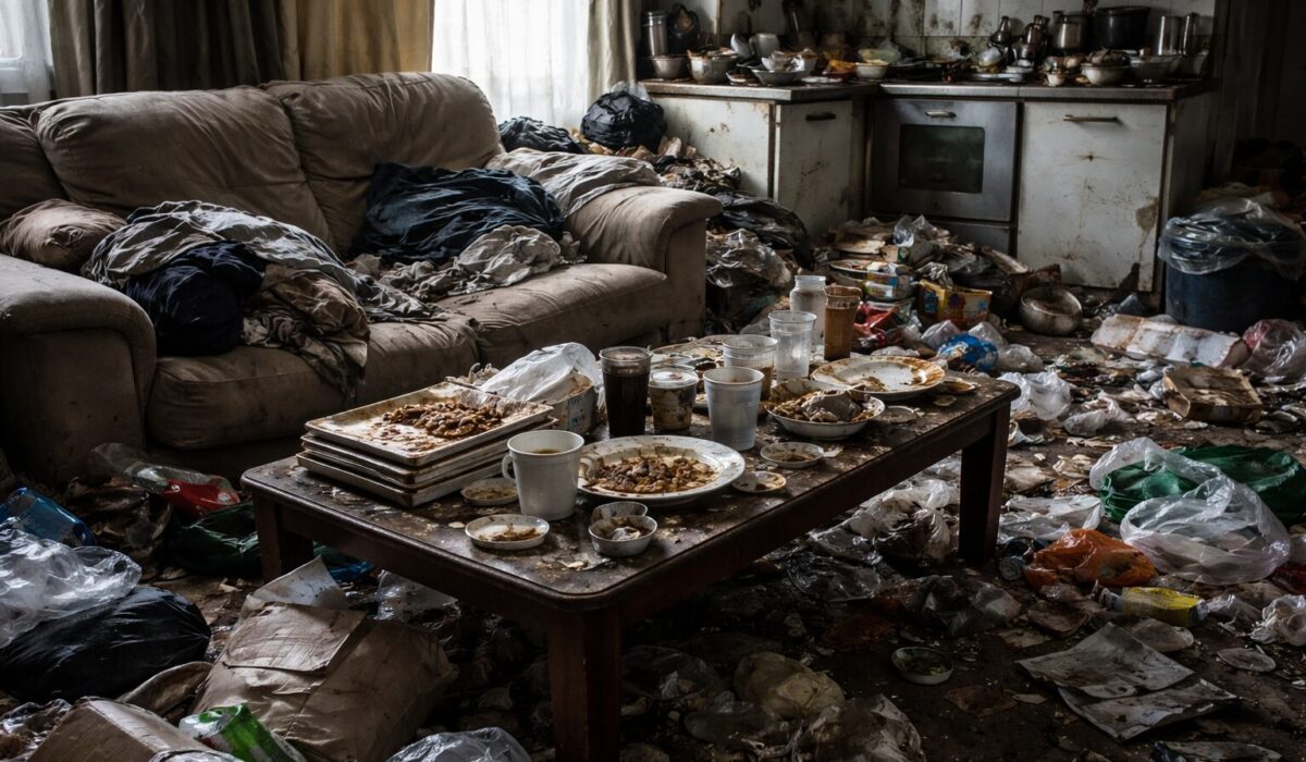 Salon et cuisine très encombrés avec déchets au sol, vaisselle sale et surfaces encrassées, montrant une négligence d’entretien durable.