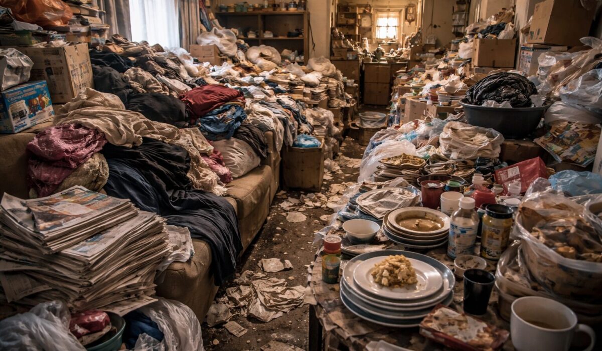 Salon fortement encombré illustrant une situation de syllogomanie sévère avec accumulation de vêtements, journaux, vaisselle et objets divers bloquant les espaces de circulation