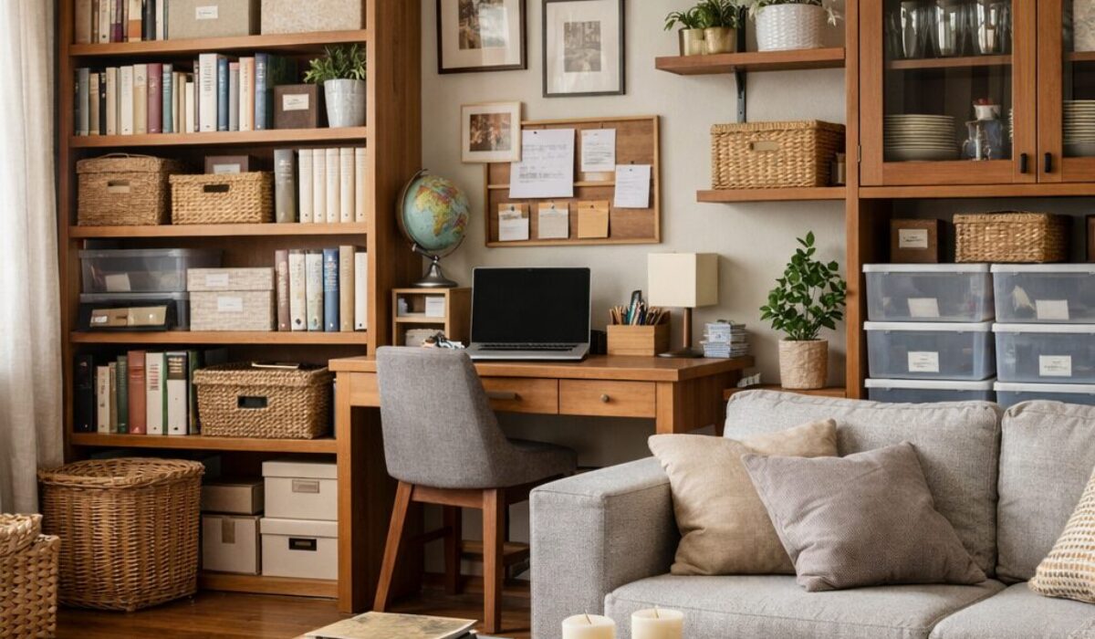 Salon organisé avec rangements visibles, objets classés et espace de vie fonctionnel illustrant une accumulation volontaire structurée dans un logement.