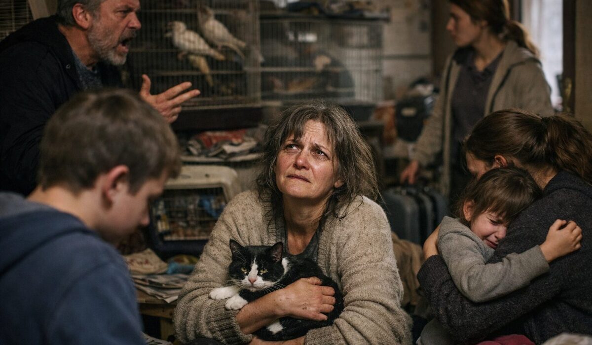Scène familiale tendue liée au syndrome de Noé dans un logement encombré avec animaux et forte détresse émotionnelle