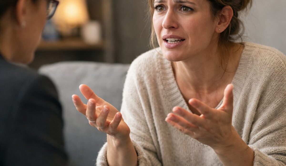 Patiente en séance de thérapie exprimant une rationalisation pathologique face à un professionnel de santé mentale