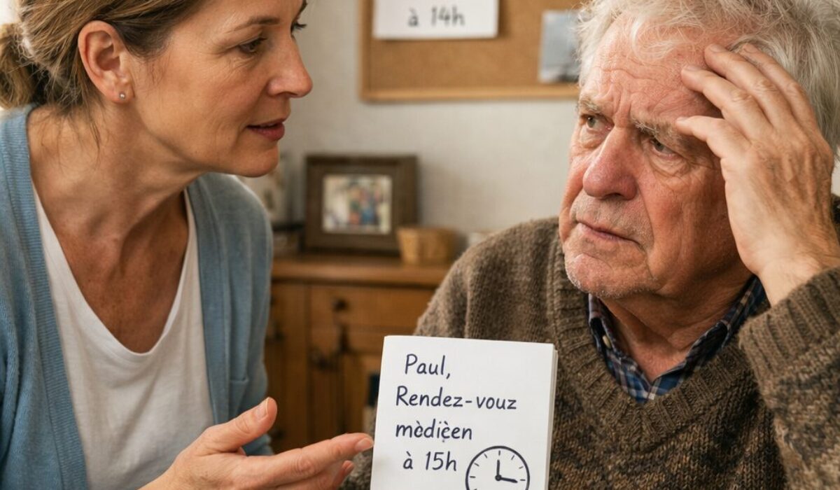 Aidante montrant un aide-mémoire à une personne atteinte du syndrome de Korsakoff pour l’aider à se souvenir d’un rendez-vous et d’une visite prévue