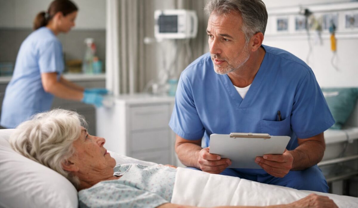 Professionnel de santé au chevet d’une patiente âgée pendant qu’un nettoyage est effectué en arrière-plan, illustrant les limites d’une prise en charge centrée uniquement sur le nettoyage sans identification de la maladie