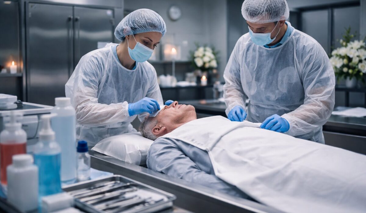 Professionnels funéraires réalisant des soins post mortem avec équipements de protection dans une chambre mortuaire sécurisée