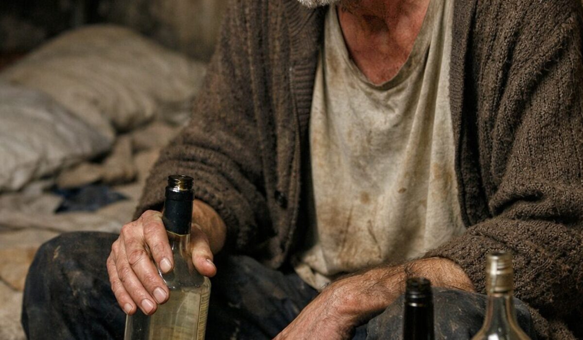 Personne âgée en situation d’incurie dans un logement dégradé, avec alcool, alimentation insuffisante et signes évoquant une grande vulnérabilité liée à l’alcoolisation chronique et aux carences nutritionnelles.