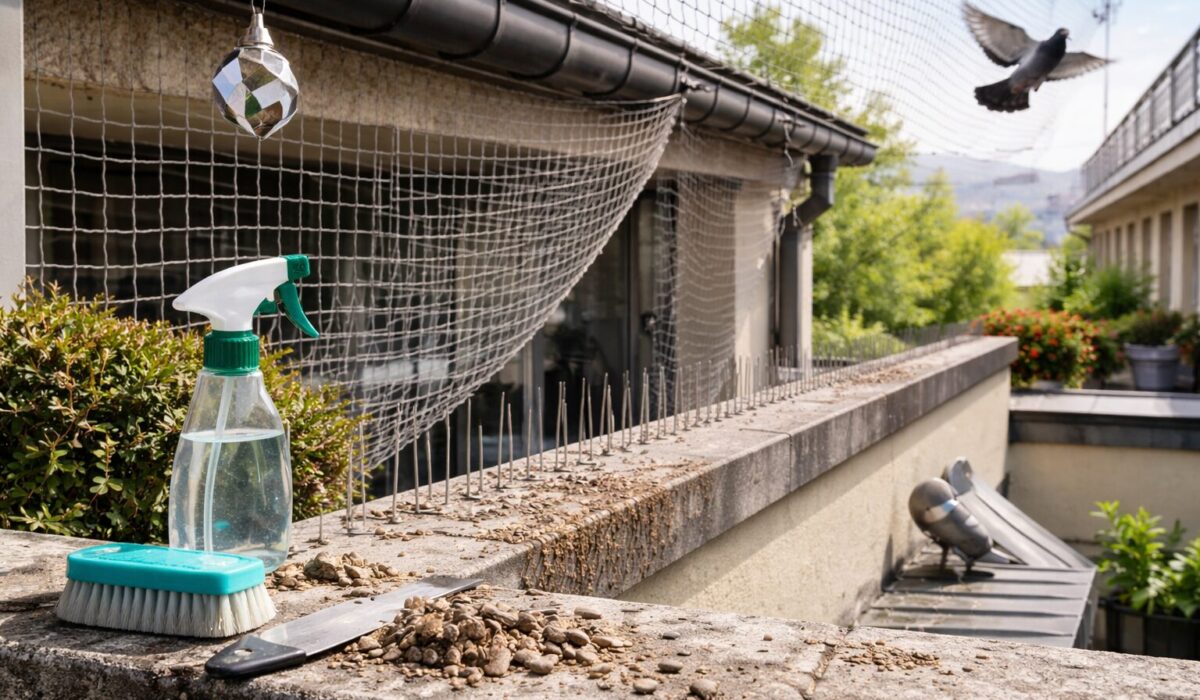 Balcon équipé de pics anti-pigeons, filet de protection et outils de nettoyage pour éliminer les fientes de pigeon