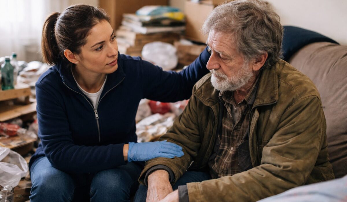 Intervenante assise près d’un homme âgé, le rassurant dans un salon encombré pendant une intervention à domicile.
