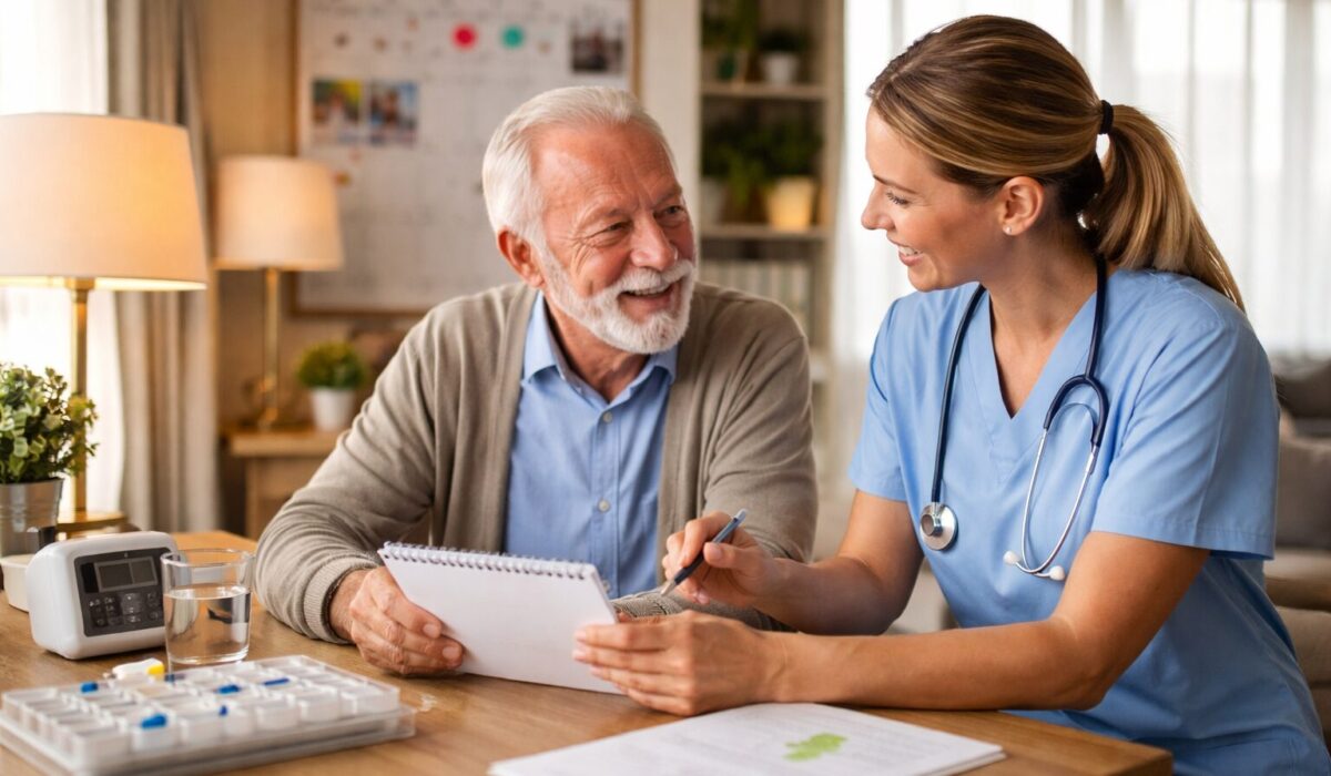 Soignante accompagnant une personne âgée avec Korsakoff à l’aide d’un carnet de repères et d’une routine au domicile