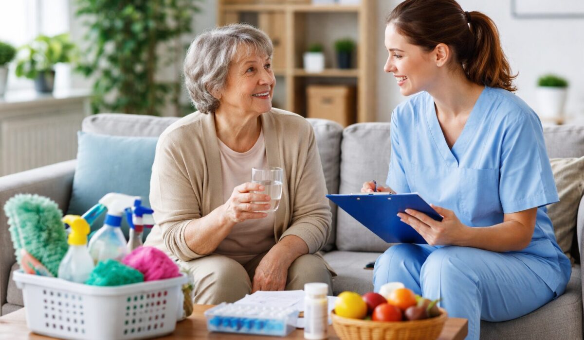 Auxiliaire de vie échange avec une personne âgée assise sur un canapé, avec produits de ménage, médicaments et fruits sur une table, dans un salon lumineux.