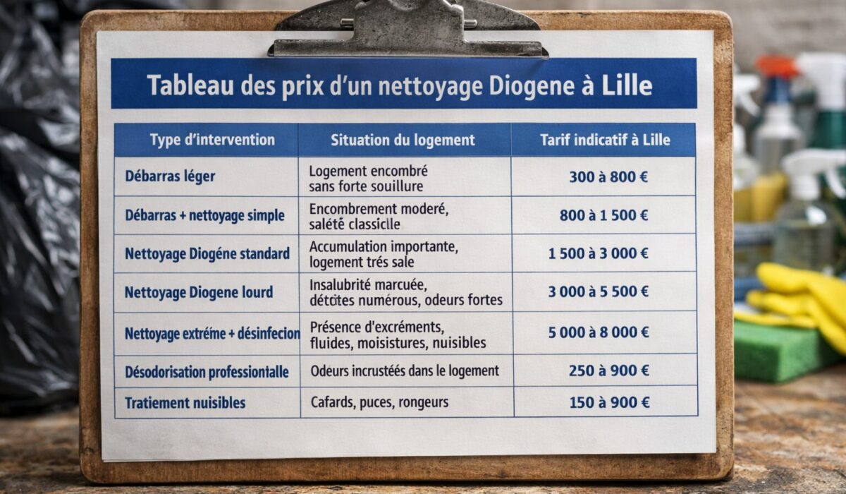 Tableau des prix d’un nettoyage Diogène à Lille présenté sur un support avec les principaux tarifs de débarras, nettoyage et désinfection