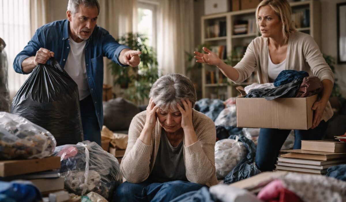 Une femme âgée assise au sol, visiblement en détresse, tandis que deux proches gesticulent avec un sac-poubelle et un carton au milieu d’un salon très encombré.