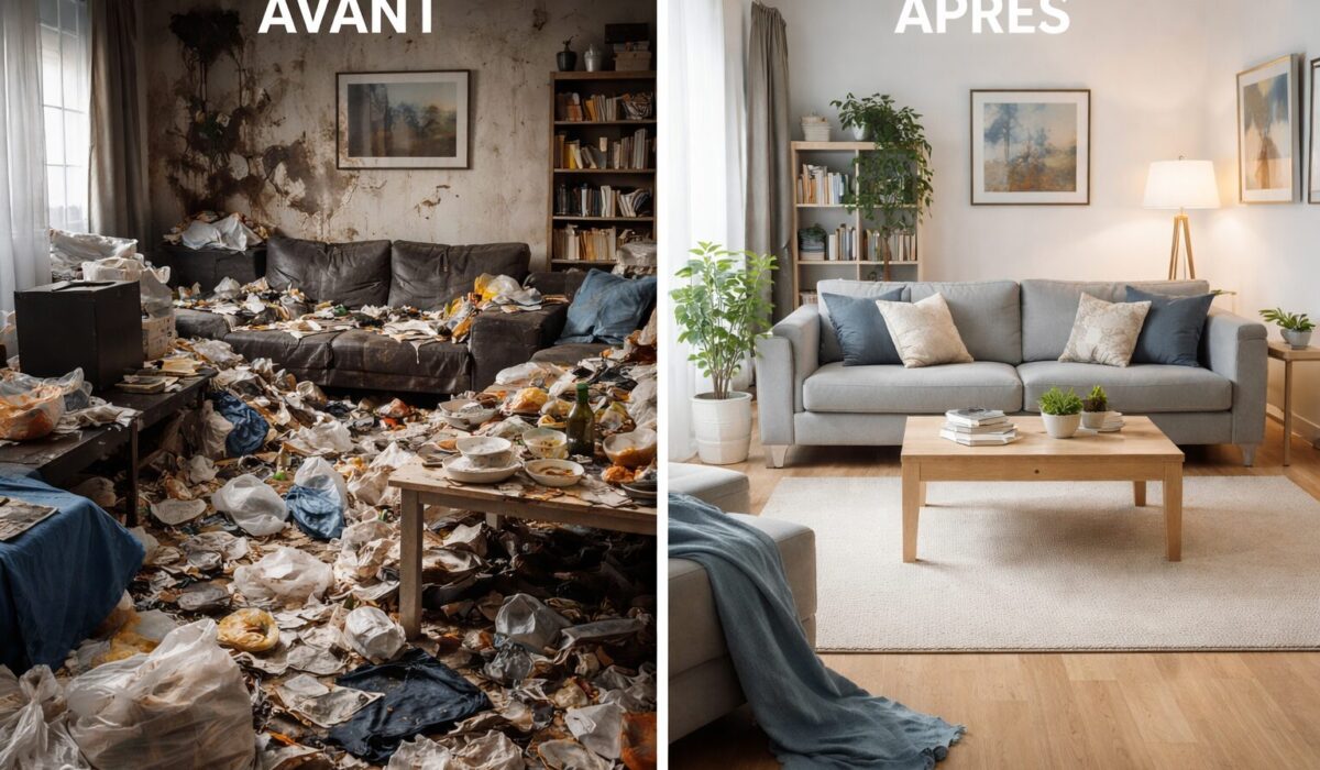 Avant-après du salon après un débarras complet du syndrome de Diogène, montrant l'encombrement et la saleté à gauche, et un espace propre et organisé à droite.