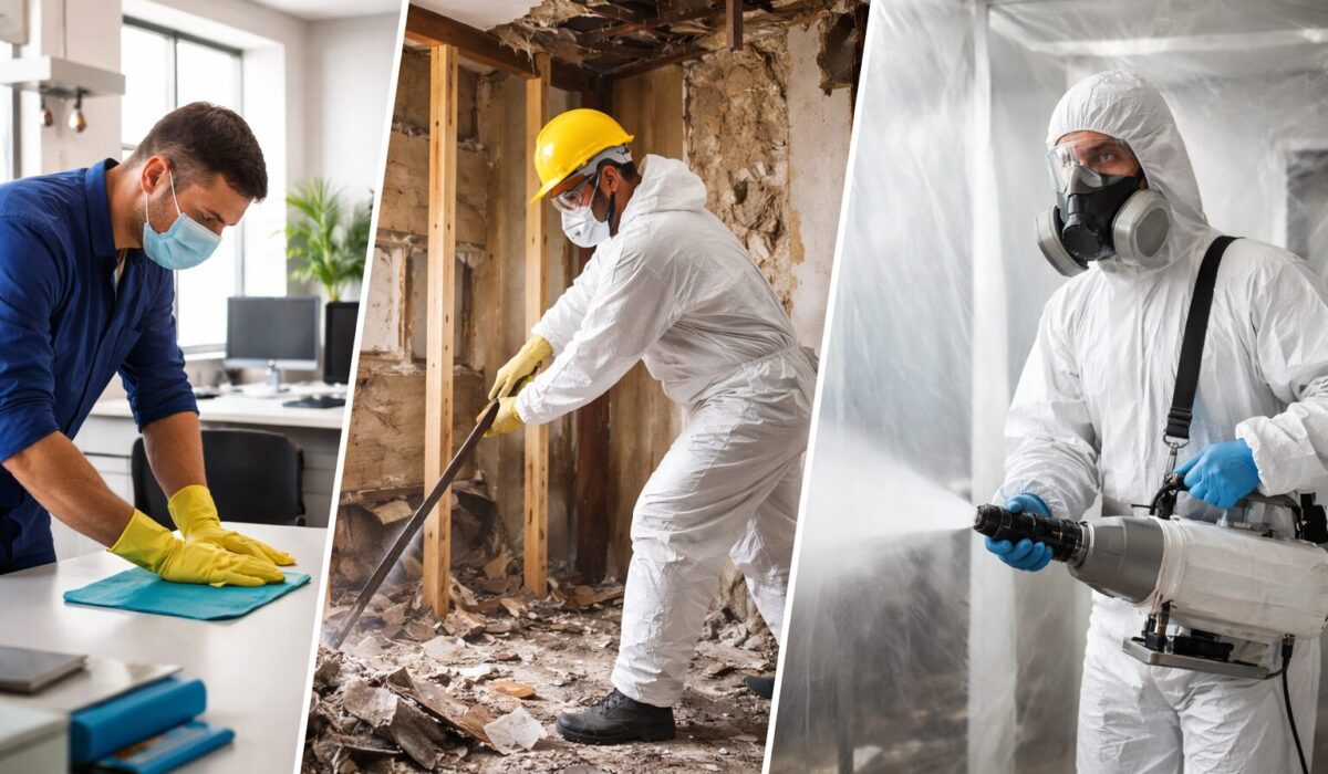 Trois professionnels équipés de protections réalisant successivement un nettoyage de surface, un curage complet d’un bâtiment endommagé et une opération de décontamination avec pulvérisateur